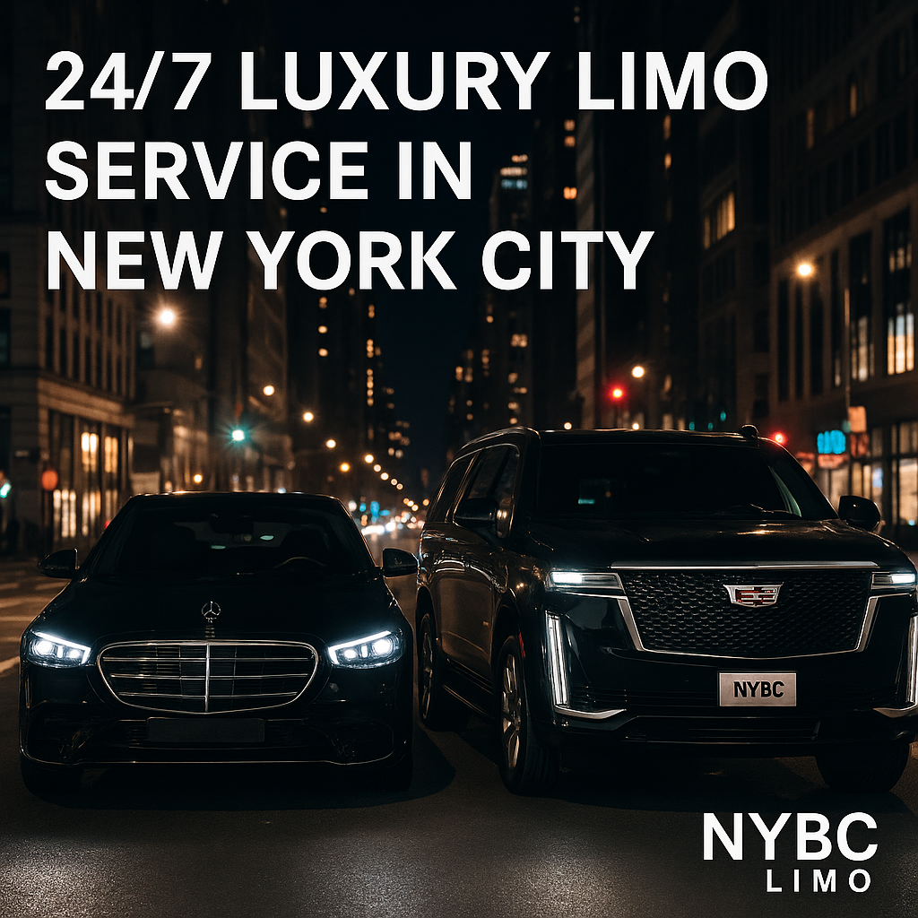 24/7 Luxury Limo Service in New York City by NYBC Limo featuring a Mercedes-Benz S-Class and Cadillac Escalade on a Manhattan street at night.