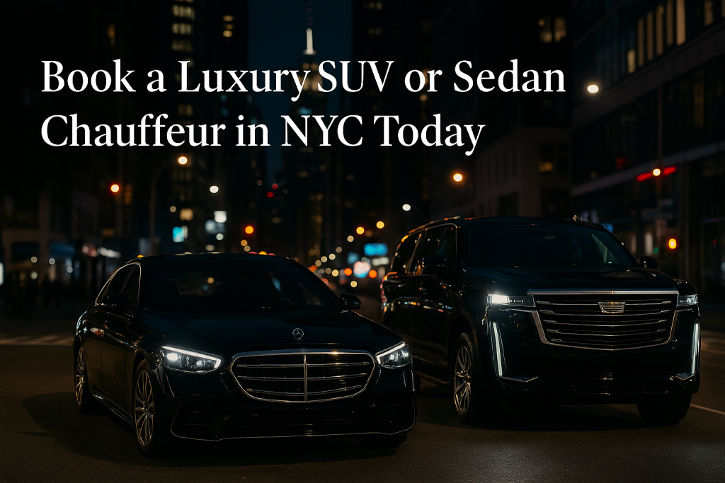 Book a Luxury SUV or Sedan Chauffeur in NYC by NYBC Limo – Mercedes-Benz S-Class and Cadillac Escalade parked in Manhattan at night