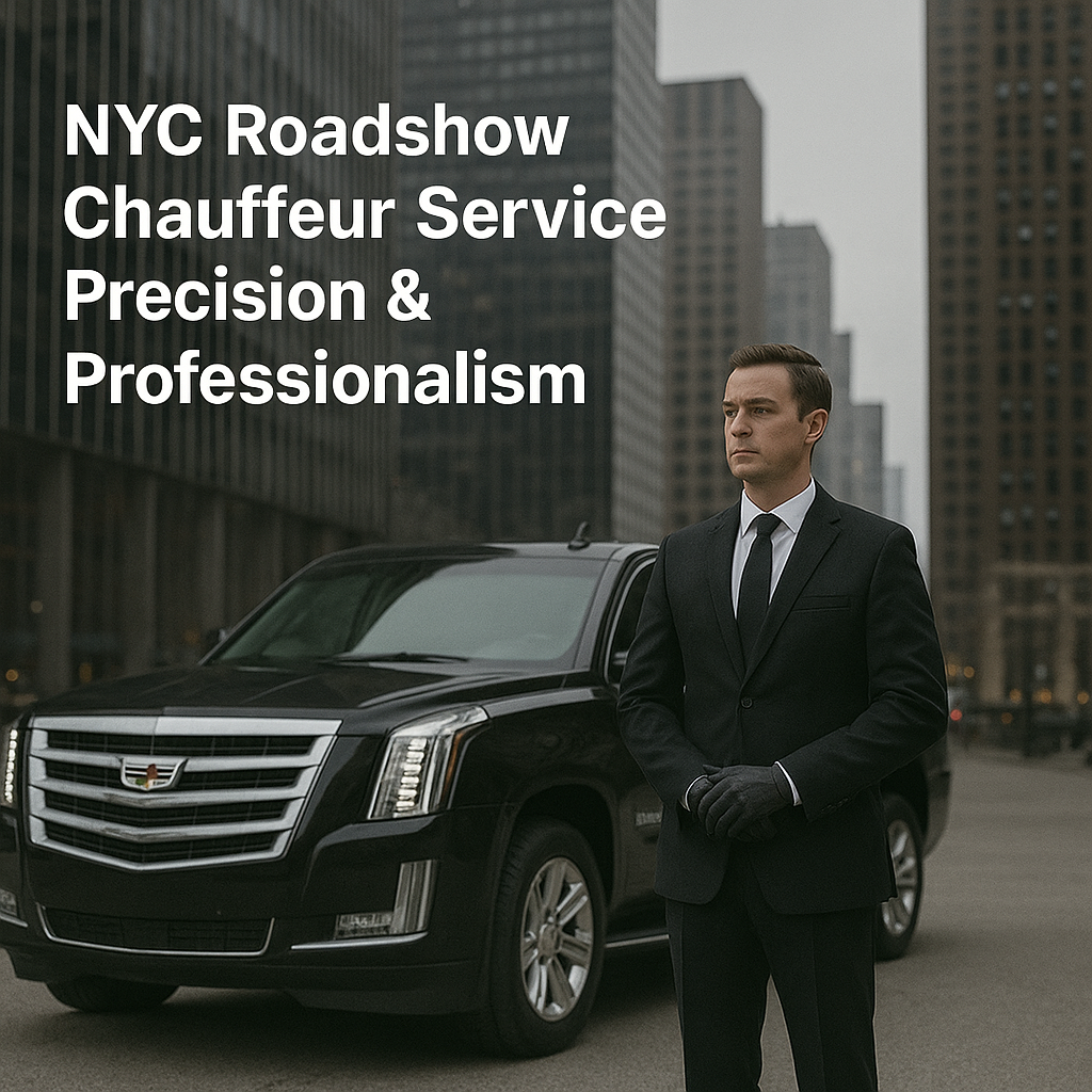 Professional chauffeur standing beside a luxury black Cadillac Escalade in New York City, representing NYBC Limo’s NYC Roadshow Chauffeur Service with precision and professionalism.