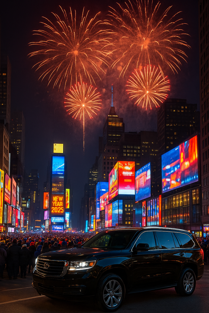 New York City New Year 2025 fireworks and Times Square celebration with NYBC luxury SUV.