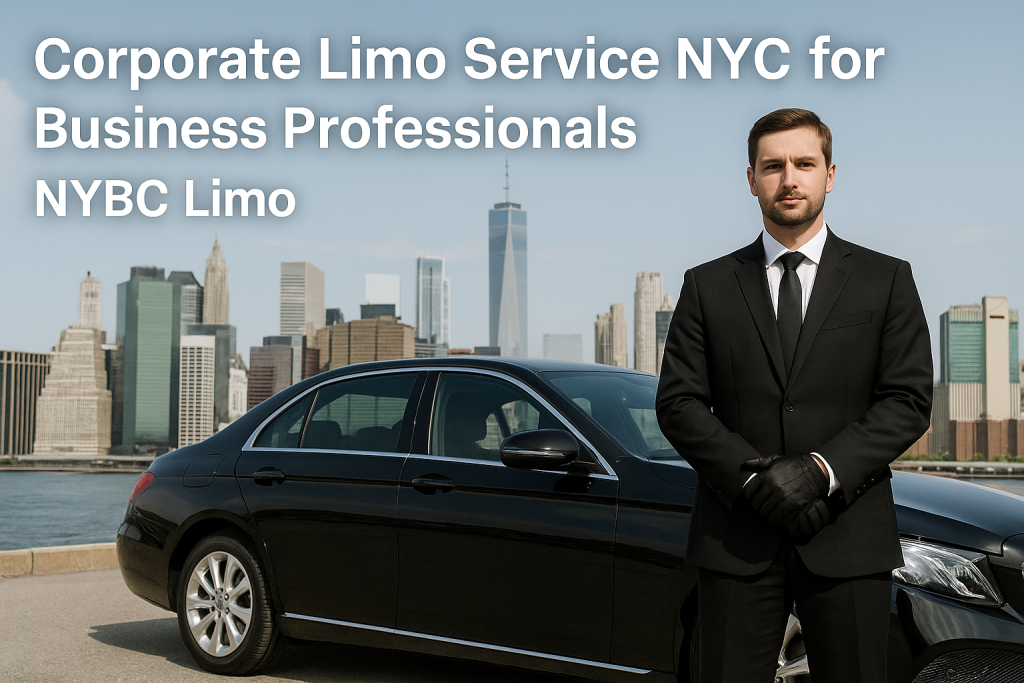 Corporate chauffeur in suit standing beside luxury black sedan in Manhattan representing NYBC Limo’s corporate limo service for business professionals