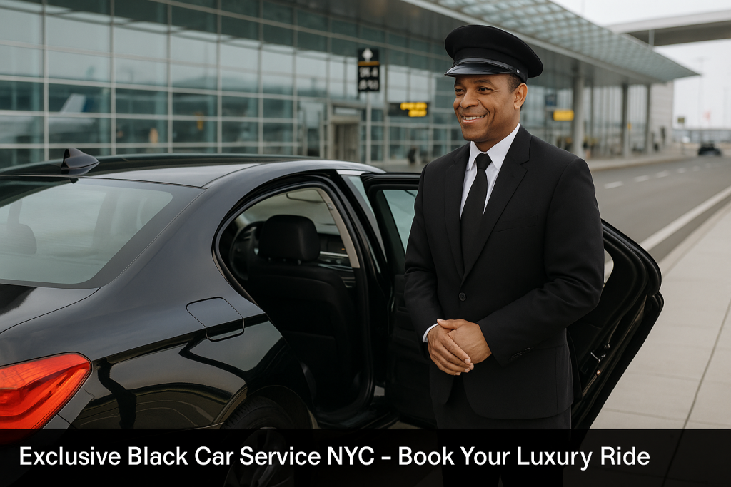 A professional chauffeur in a black suit stands beside a luxury black car at a modern New York City airport, representing NYBC Limo’s Exclusive Black Car Service NYC – Book Your Luxury Ride.