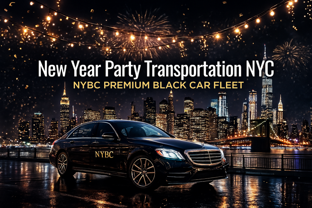 NYBC premium black car fleet providing New Year party transportation in NYC with skyline and fireworks