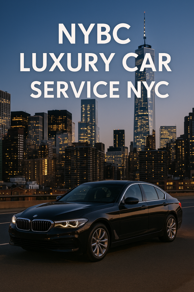 NYBC Luxury Car Service NYC black luxury sedan with New York City skyline at dusk.