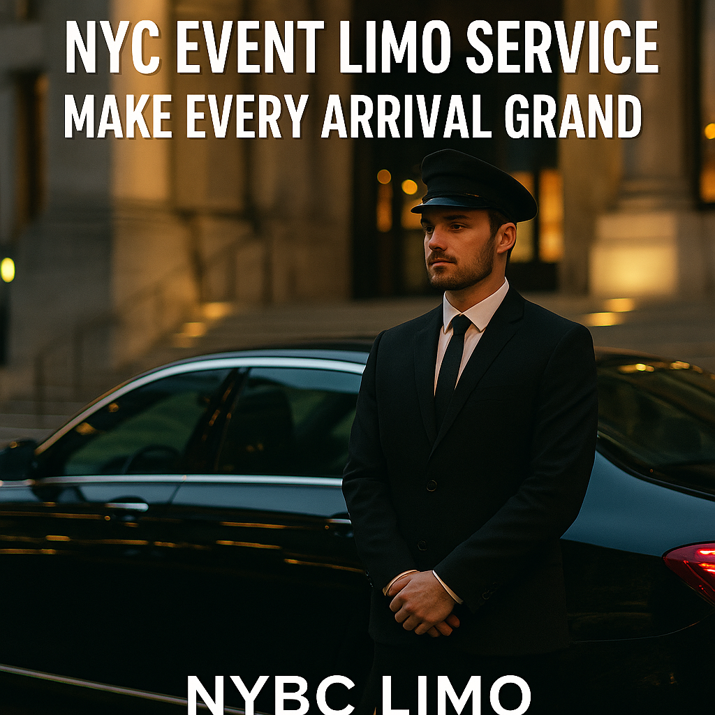 Professional chauffeur standing beside luxury black limousine at Manhattan event venue at night for NYBC Limo’s NYC Event Limo Service – Make Every Arrival Grand