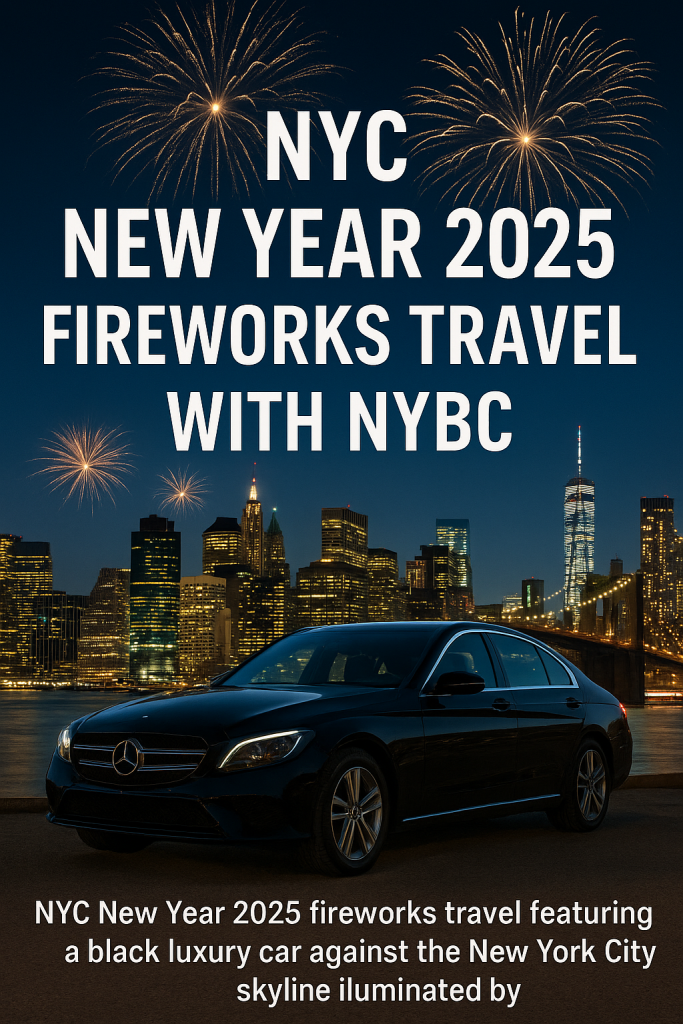 NYC New Year 2025 fireworks travel with NYBC luxury chauffeur service, featuring a black car and the New York skyline.