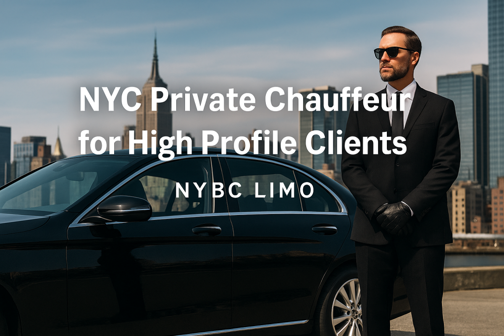 Luxury black car with professional chauffeur in suit beside Manhattan skyline promoting NYC Private Chauffeur for High Profile Clients by NYBC Limo