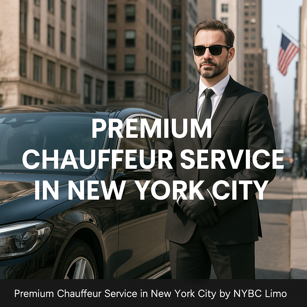 Chauffeur standing beside luxury black car in New York City for premium chauffeur service