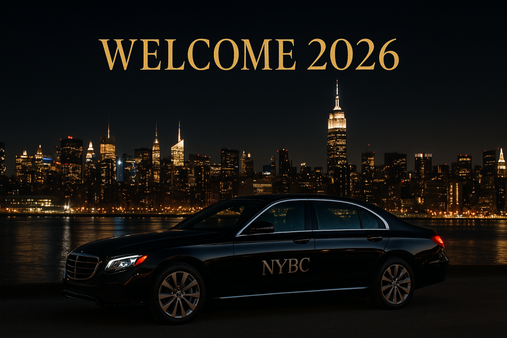 NYC limo and chauffeur service by NYBC with skyline in background welcoming 2026