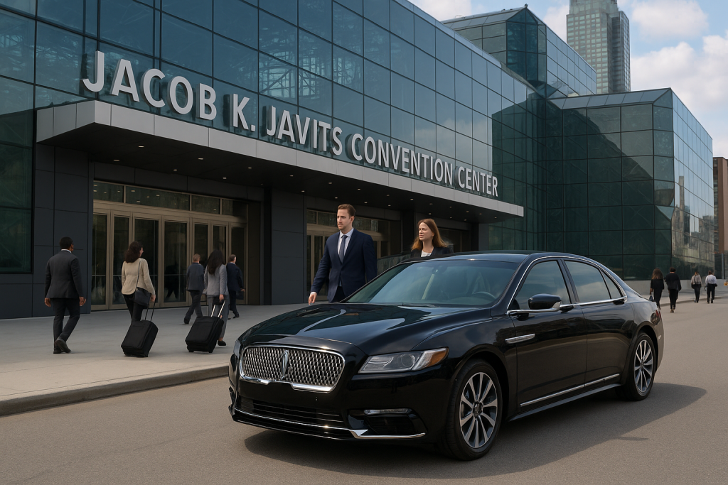 Business professionals arriving at the Jacob Javits Convention Center with a luxury black car by NYBC for conference travel in NYC.