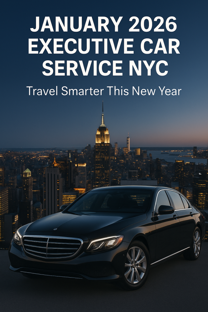 Black executive car in NYC at sunset with the Empire State Building in the background, promoting January 2026 Executive Car Service NYC and New Year travel.