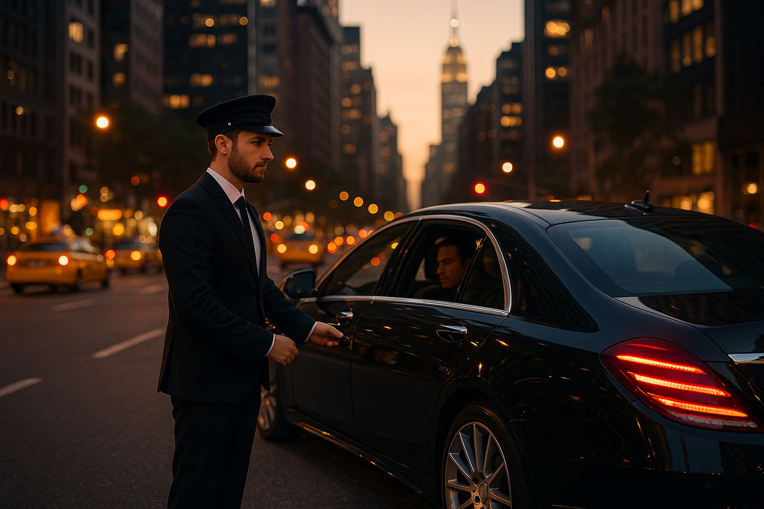 Luxury Black Car Service NYC chauffeur opening door for client at dusk