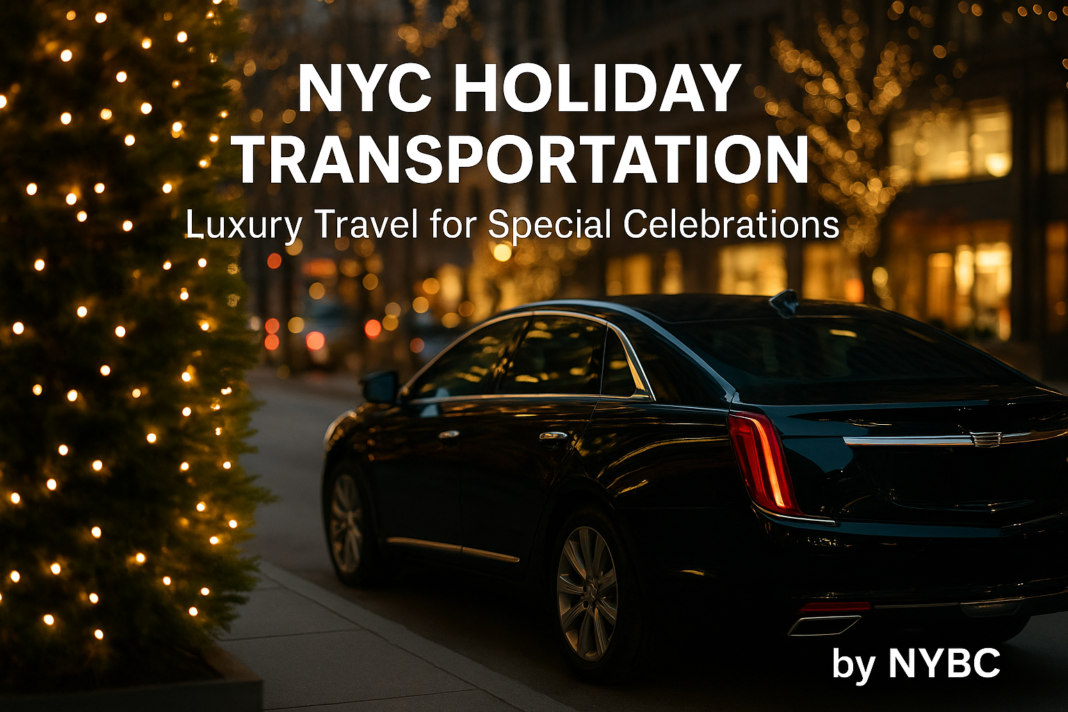 NYC Holiday Transportation luxury black car with Christmas lights for special celebrations