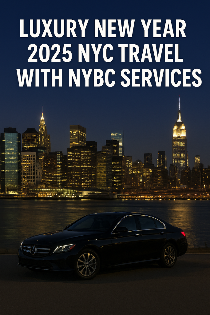 NYC New Year 2025 NYBC chauffeur service with a luxury black car in front of the illuminated New York City skyline.